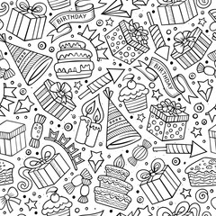 Cartoon hand-drawn doodles birthday theme seamless pattern