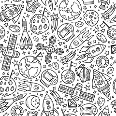 Cartoon hand-drawn space, planets seamless pattern