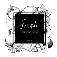 Vector black border engraved illustration of fresh fruits. Banana, kiwi, peach, lemon, orange, lime. Hand drawn set of vegetarian tasty organic food.