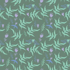 Fototapeta premium Seamless pattern with weed, flowers and birds
