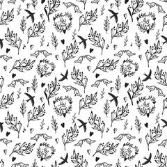 Black seamless pattern with weed flowers and birds