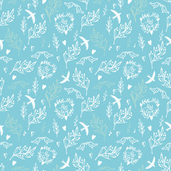Materiał do szycia Blue seamless pattern with flowers and birds
