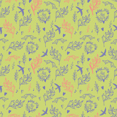 Materiał do szycia Seamless pattern with weed, flowers and birds