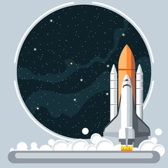 Shuttle at launch with fire and smoke and space view. Digital vector image.