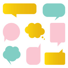 Cute pink, mint green and gold speech bubbles set, collection isolated on white background.