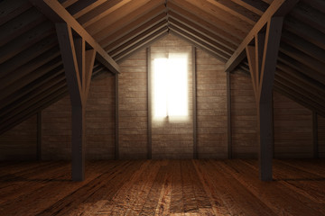 3d rendering of an empty wooden attic room - obrazy, fototapety, plakaty