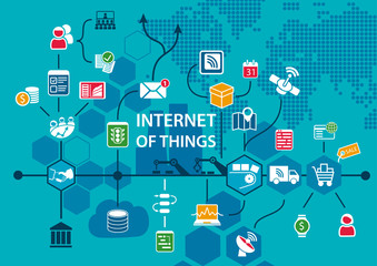 Internet of things IOT conceptual background with workflow of end to end supply chain as vector illustration