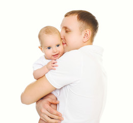 Loving father hugging baby on a white background