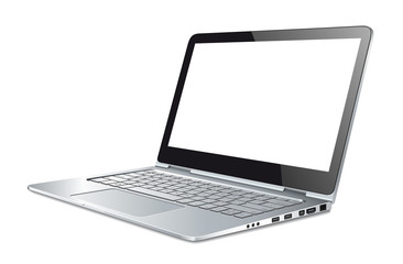 Silver laptop on white background - sideways view
