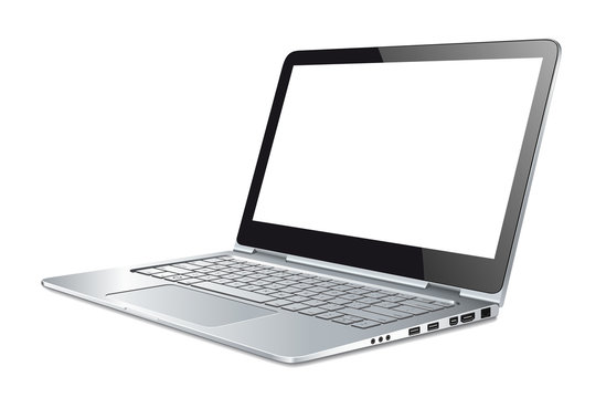 Silver laptop on white background - sideways view
