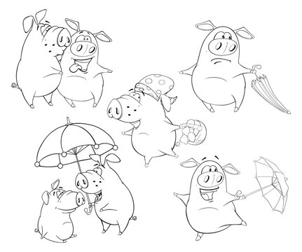 Illustration Set of Pigs .Coloring book