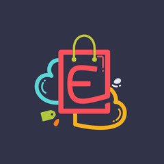 E letter with shopping bag and hearts icon.