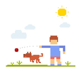 Vector colorful illustration of boy with dog. Happy friends on w