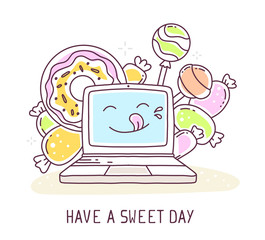 Vector illustration of blue color laptop with colorful sweets an