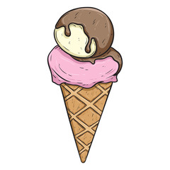 Vanilla And Strawberry Ice Cream With Cone And Chocolate Topping