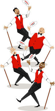 Four singers in traditional stage costumes performing barbershop quartet style song, EPS 8 vector illustration