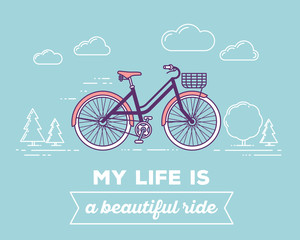 Vector illustration of retro pastel color bicycle with basket an