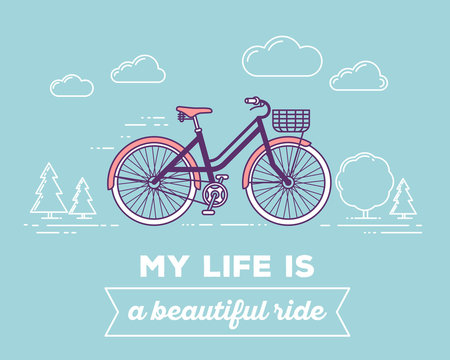 Vector illustration of retro pastel color bicycle with basket an