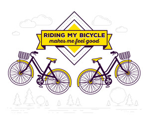Fototapeta na wymiar Vector illustration of retro bicycle with basket and text riding