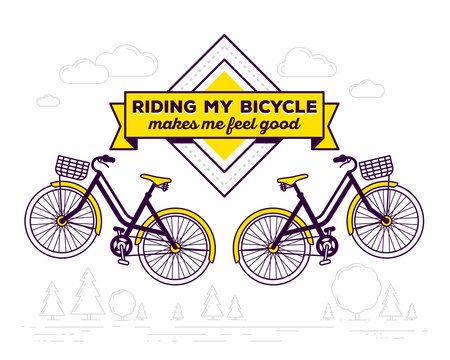 Vector illustration of retro bicycle with basket and text riding