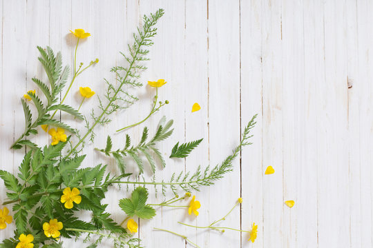 Fototapeta yellow flowers on wooden background