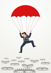 Businessman with parachute falling into bear traps