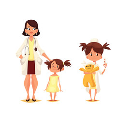 Pediatrician doctor with his patient, cartoon comic vector illustration isolated on white background, Dr. pediator with a small child, a child plays in the doctor holding a toy