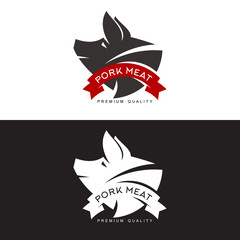 set of logos with a pig, vector simple illustration isolated on white background set of different pork logo, black and red logos about the pork store