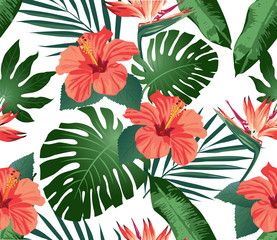Tropical flowers and leaves on background. Seamless. Vector.