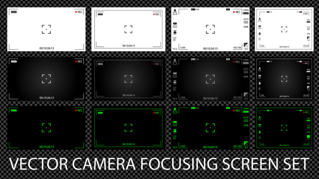 Modern digital video camera focusing screen with settings 12 in 1 pack. White, black and green viewfinders camera recording. Vector illustration