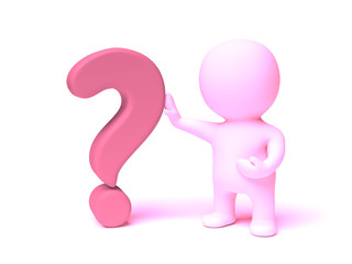 cute 3d person in shades of pink holding a question mark (3D illustration isolated on a white background)