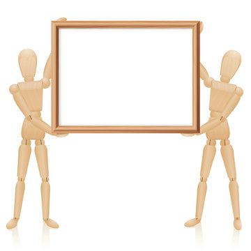 Artist dolls with blank wooden picture frame, horizontal format. Isolated vector illustration on white background.