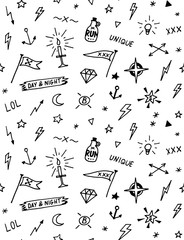 Vector pattern with old school tattoo elements. Black and white.