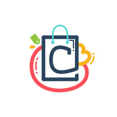 C letter with shopping bag and tag icon.
