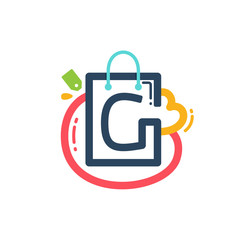 G letter with shopping bag and tag icon.