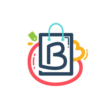 B letter with shopping bag and tag icon.