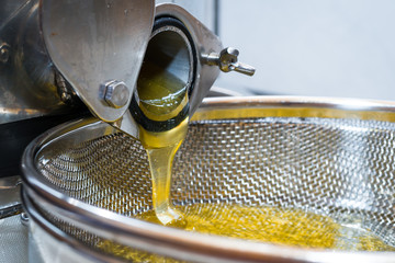 Der frisch geschleuderte Honig fließt aus der Honigschleuder in ein Sieb mit Filter