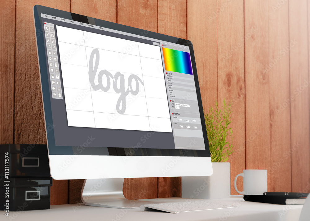 Poster modern workspace with computer graphic design