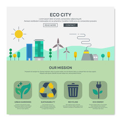 One page web design template with eco city services like urban gardering or eco energy. Flat design graphic, website elements layout. Vector illustration.