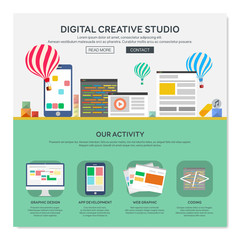 One page web design template with digital creative studio services like web coding for responsive design and app development. Flat design graphic, website elements layout. Vector illustration.
