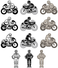 モーターサイクル-カフェレーサータイプ+ライダー（フラットデザイン）モノクロームバリエーションセット