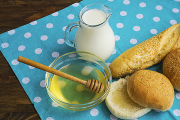 Bread, milk, honey on the tablecloth