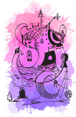 Greeting card with abstract ink drawing on the theme of the dream, the keeper of dreams with watercolor background for your creativity