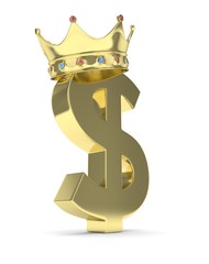 Isolated golden dollar sign with crown on white background. American currency. Concept of investment, american market, savings. Power, luxury and wealth. Crown with gems. 3D rendering.