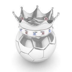 Silver soccer ball with silver crown on white background. 3D rendering.