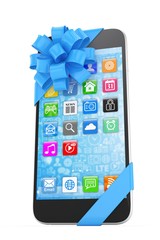 Black phone with blue bow and icons. 3D rendering.