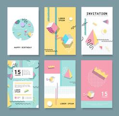Set Memphis cards for congratulations. Hipster poster, juicy, bright color background. Invitation to a party.