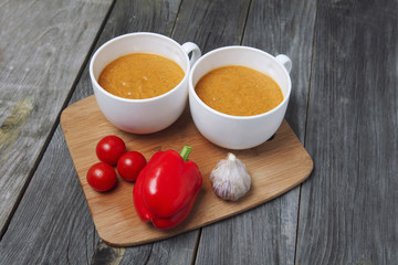Gazpacho, spanish raw tomato and vegetable soup with pepper and