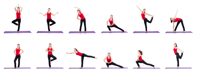 Young female doing exercises on white