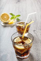 The cooling drink with ice, lemon and mint.